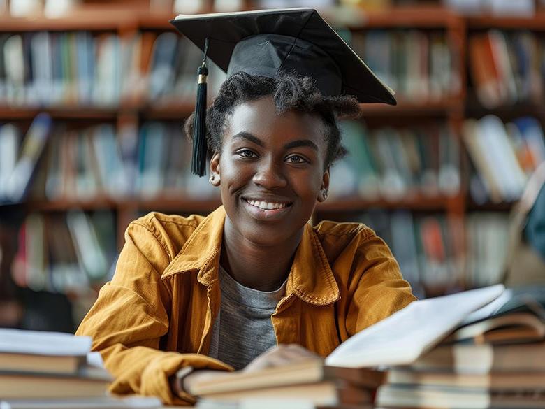 College student wearing a graduation cap and surrounded by books